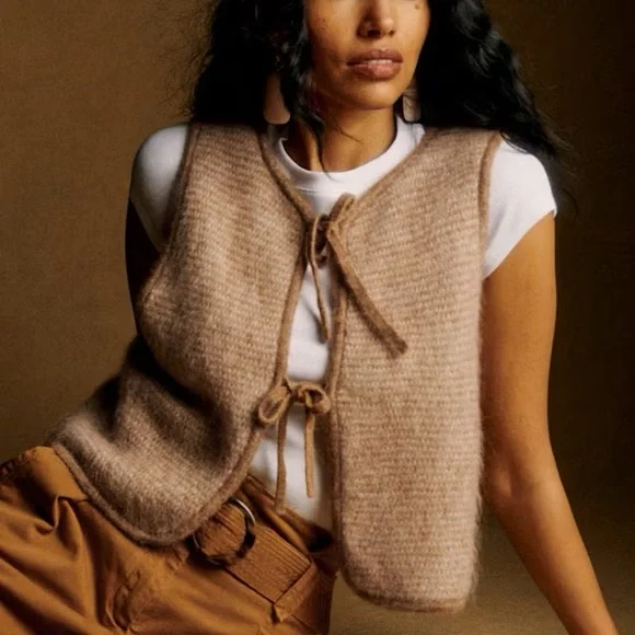 Sezane Pepy Tie Cardigan Vest XS Mottled Beige - Picture 9 of 10